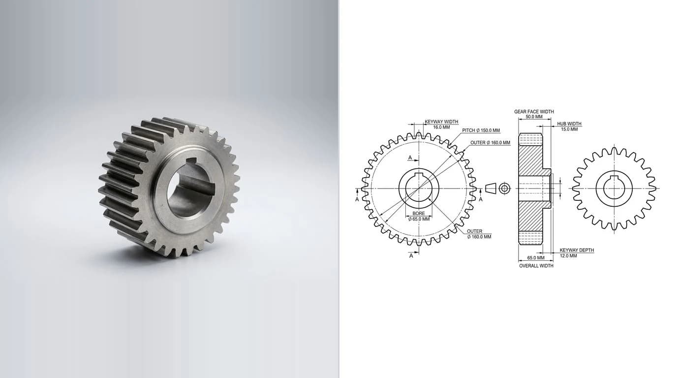 A photo of a steel spur gear lying flat on the left and its dimensioned technical drawing on the right, with the bore, the keyway and the outside diameter called out