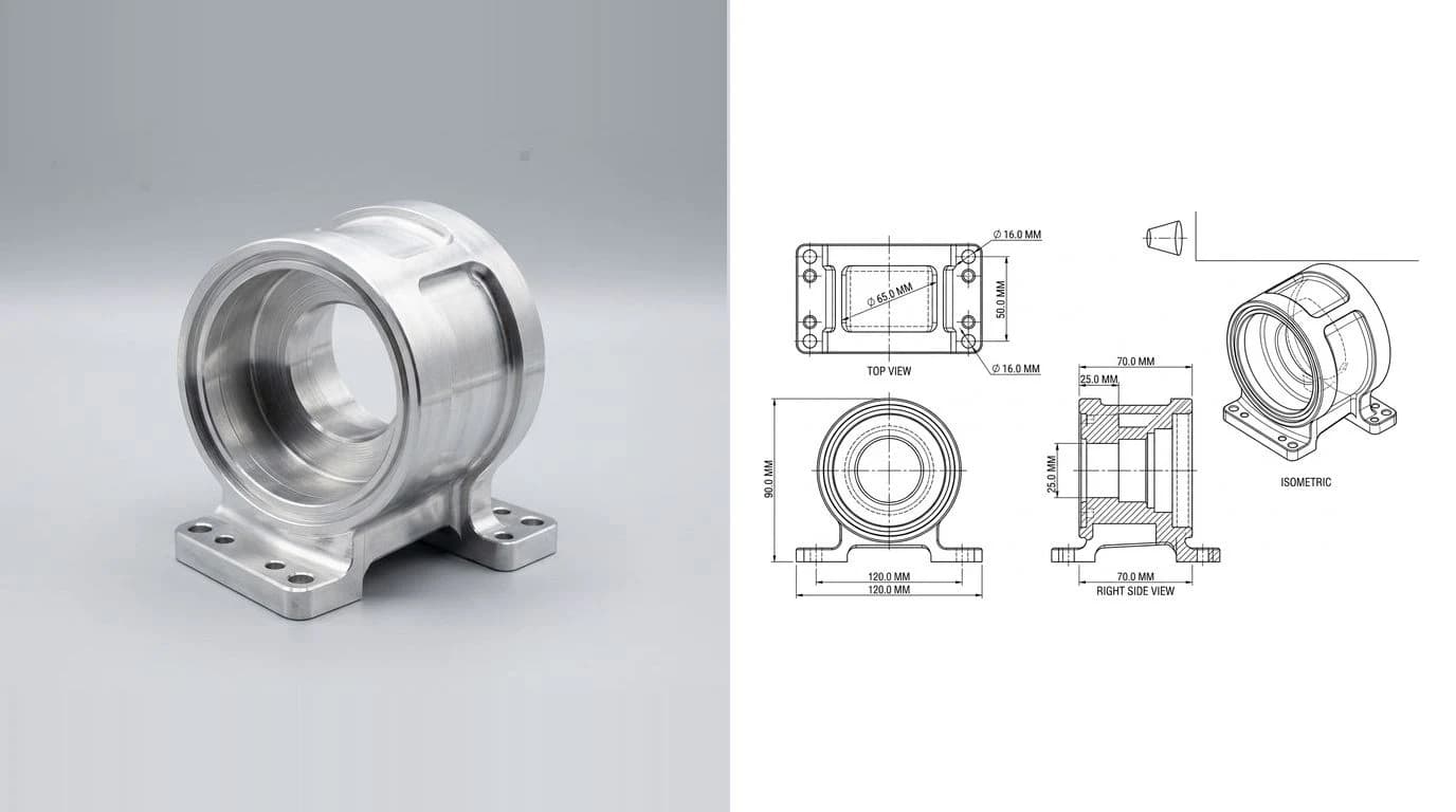A photo of a machined aluminium pump housing on the left and its dimensioned technical drawing on the right, showing the bore, the mounting foot and the overall height