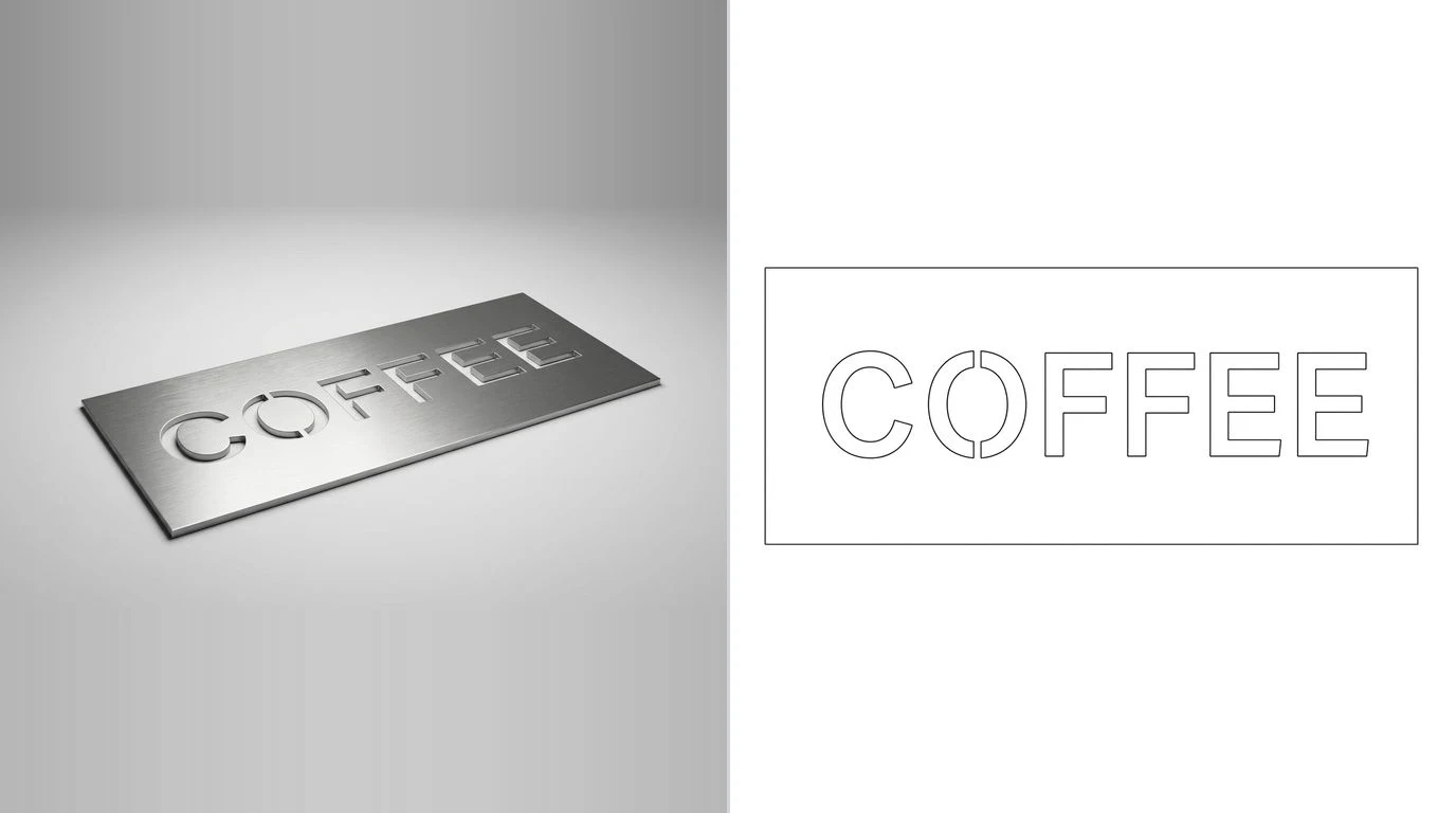 A photo of a flat cut metal sign blank with letter shaped openings on the left and its closed cutting outline on the right