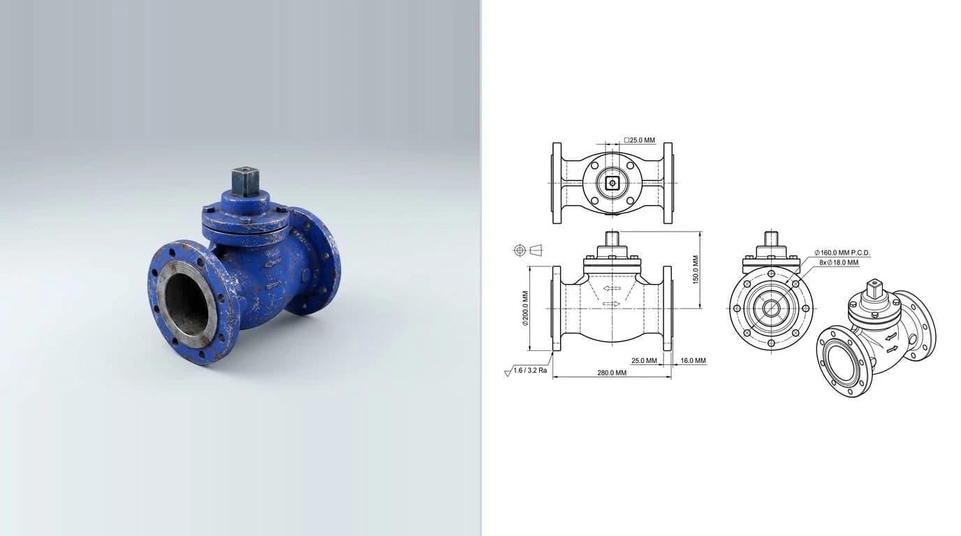 A photo of a cast industrial valve body with two flanged ports on the left and its dimensioned technical drawing on the right