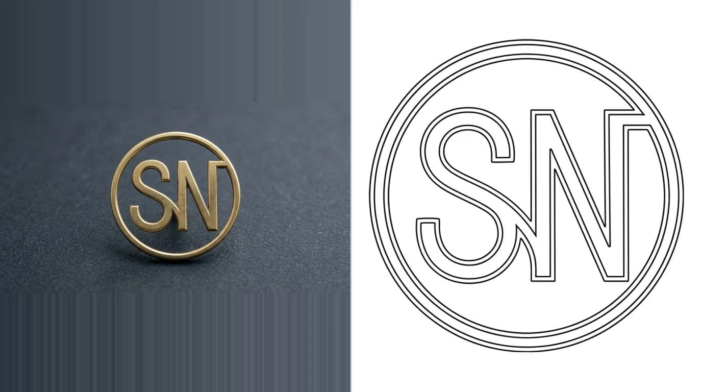 A two letter monogram inside a circular badge outline on the left and its clean closed vector outline on the right