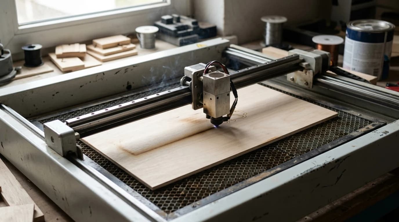 A desktop laser engraver marking a sheet of plywood with the head mid pass