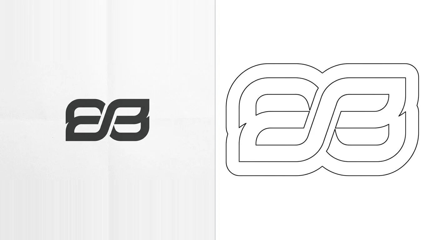 A bold geometric logo mark on the left and its clean closed vector outline on the right