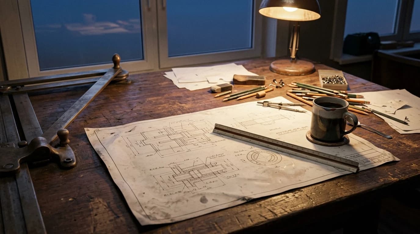 A cluttered drafting bench with a printed drawing, a scale rule and a mug under late working light