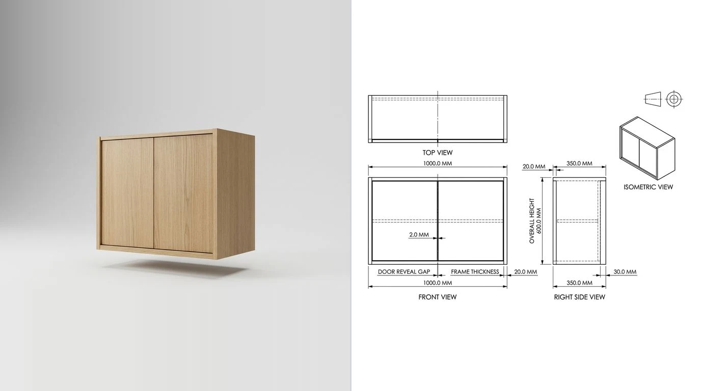 A photo of a small wall mounted wooden cabinet with two doors on the left and its dimensioned technical drawing on the right
