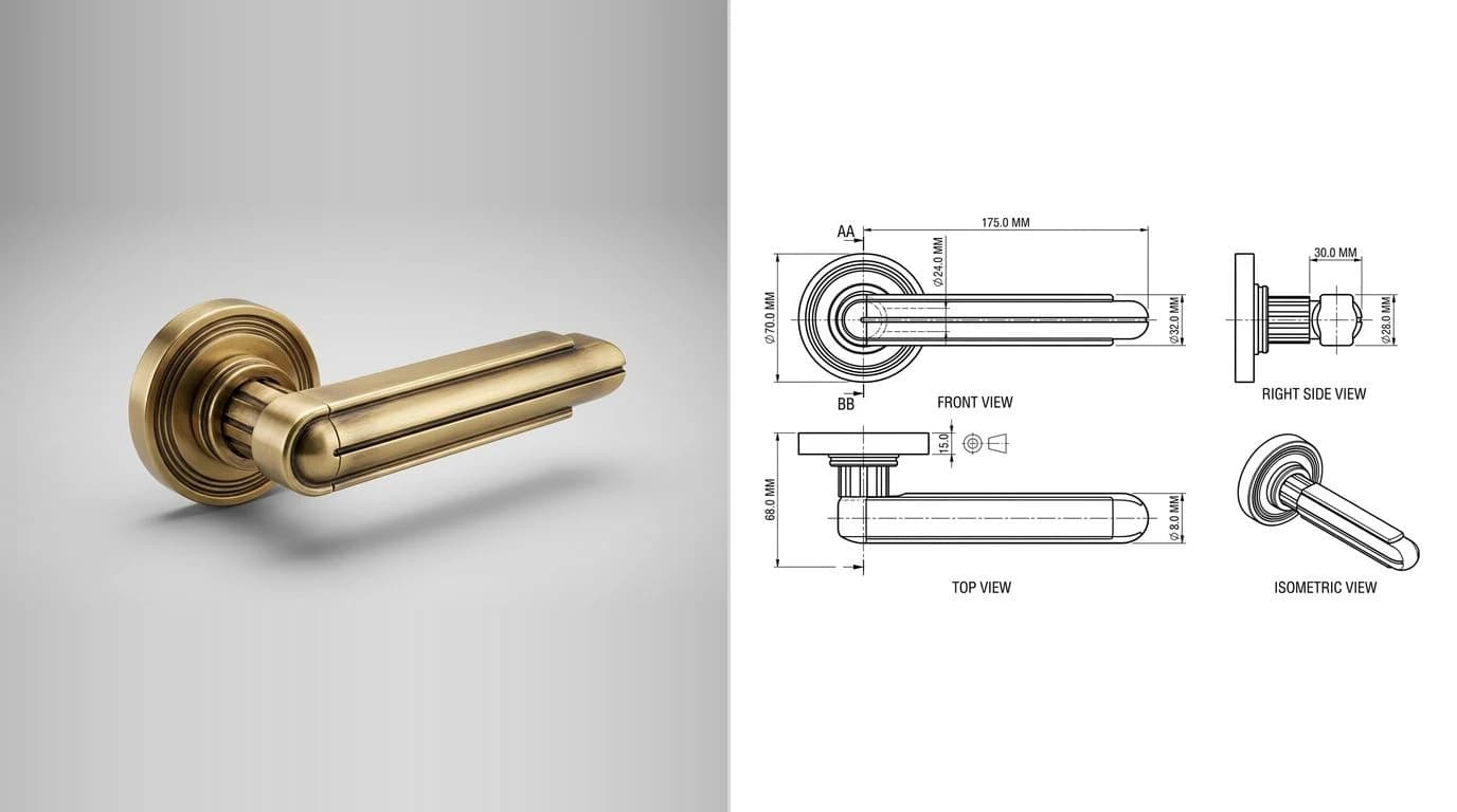 A photo of a cast metal door handle with a straight lever on the left and its dimensioned technical drawing on the right