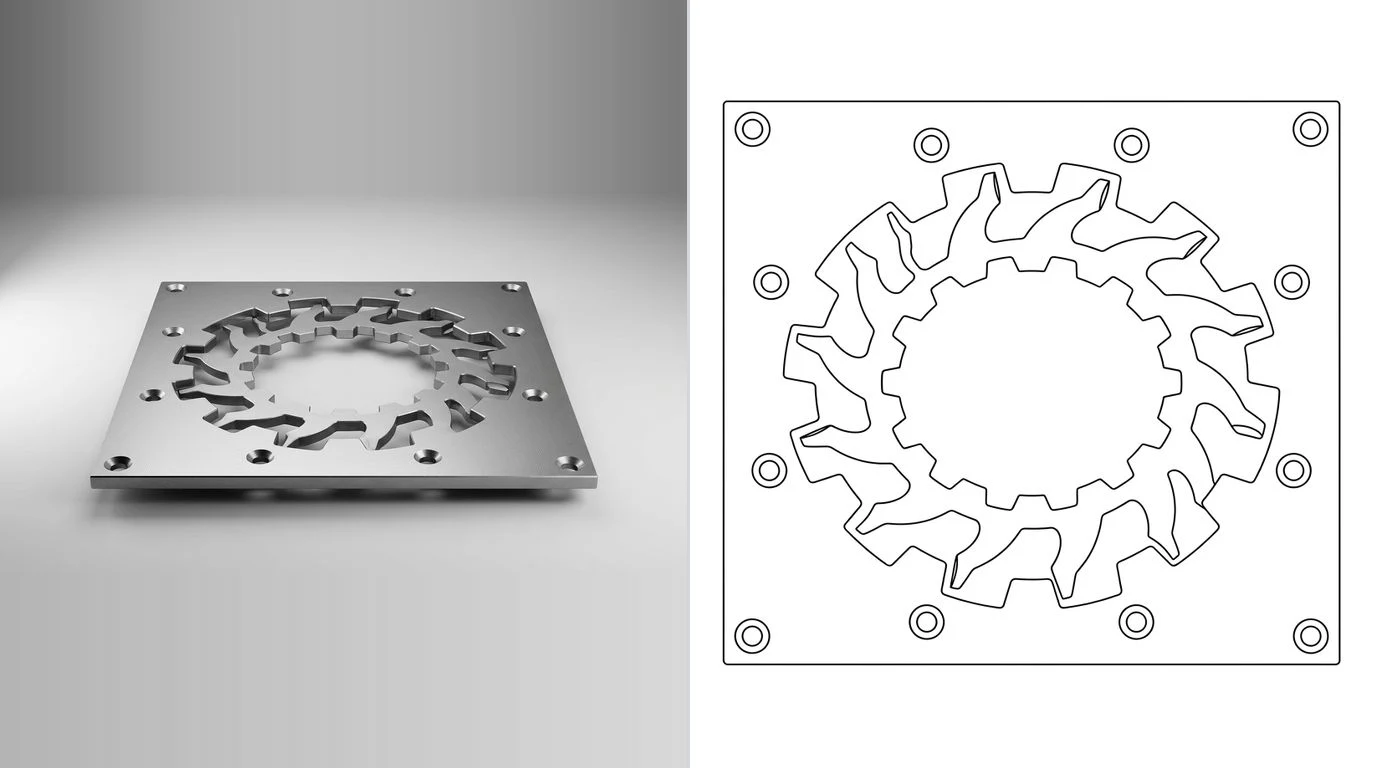 A photo of a flat cut steel plate with a large central opening on the left and its closed cutting outline on the right