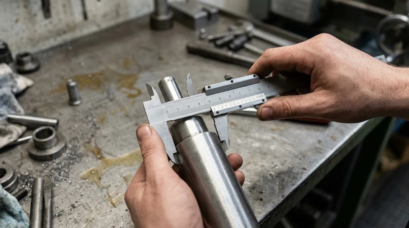 Hands measuring the outside diameter of a machined steel part with a vernier caliper