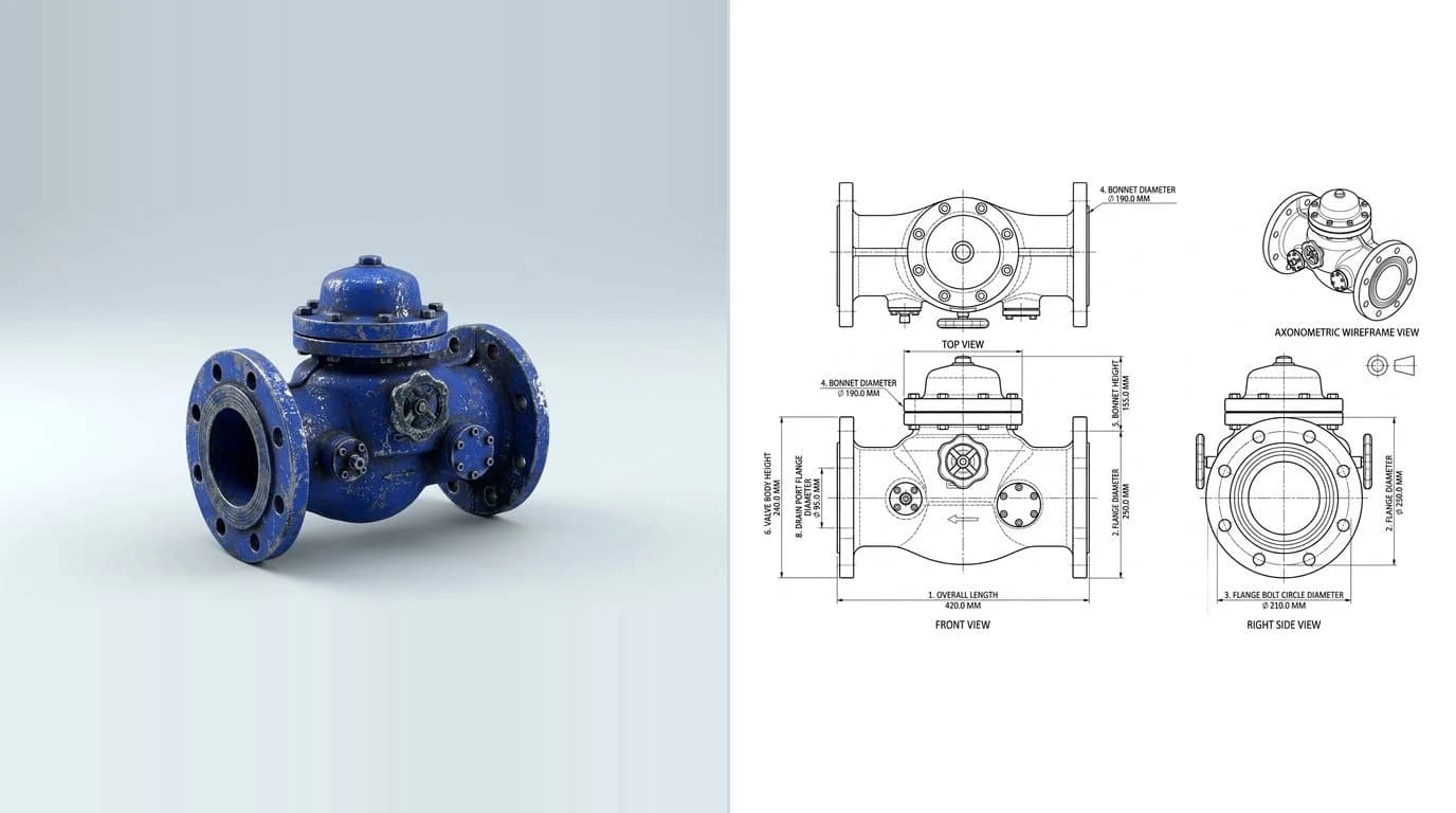 A photo of a cast industrial valve body with two flanged ports on the left and its dimensioned technical drawing on the right