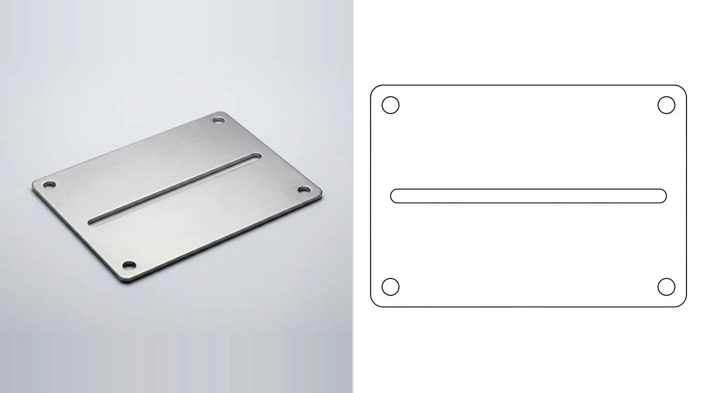 A photo of a flat steel plate with a slot and corner holes on the left and its closed cutting outline on the right