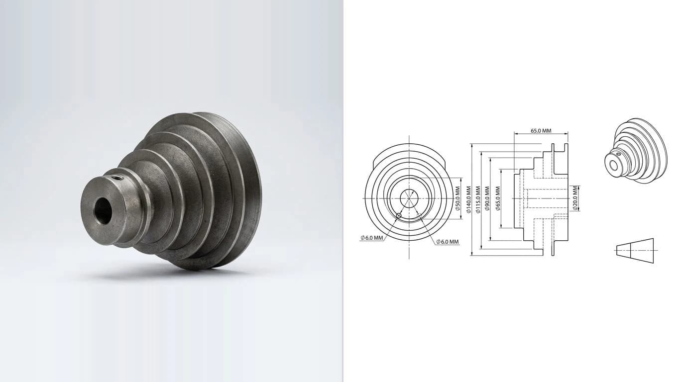 A photo of a cast iron V belt pulley on the left and its dimensioned technical drawing on the right