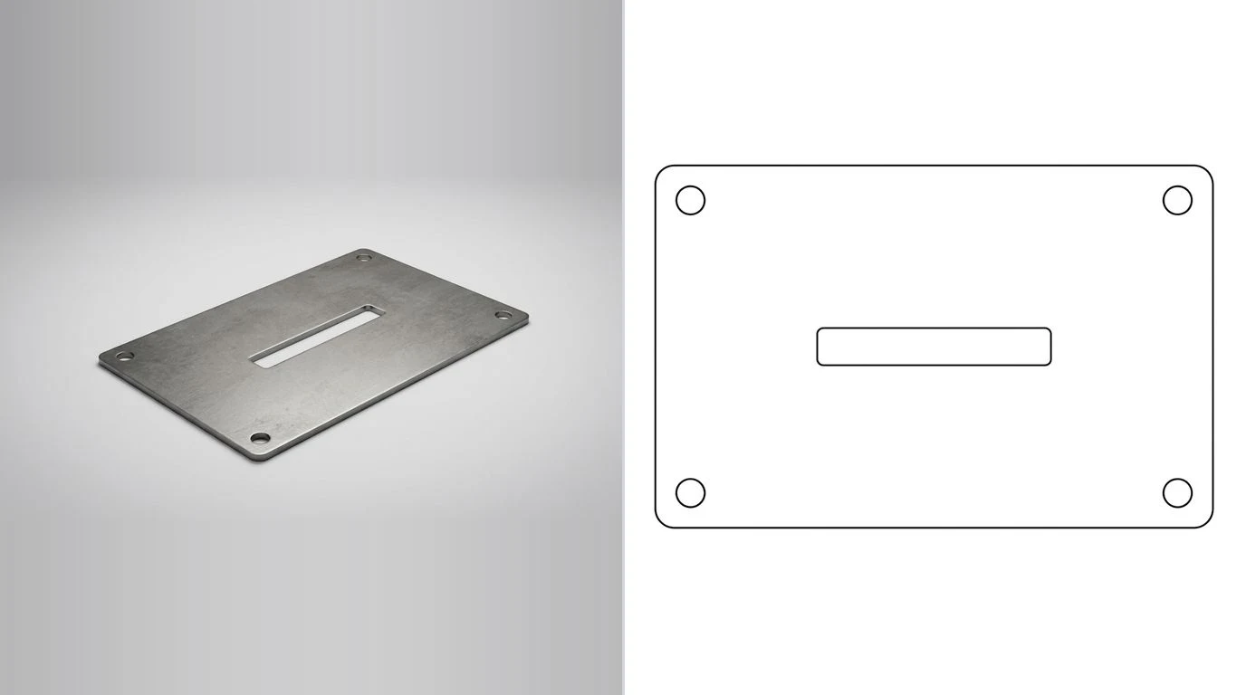 A photo of a flat laser cut steel plate with a slot on the left and its closed cutting outline on the right