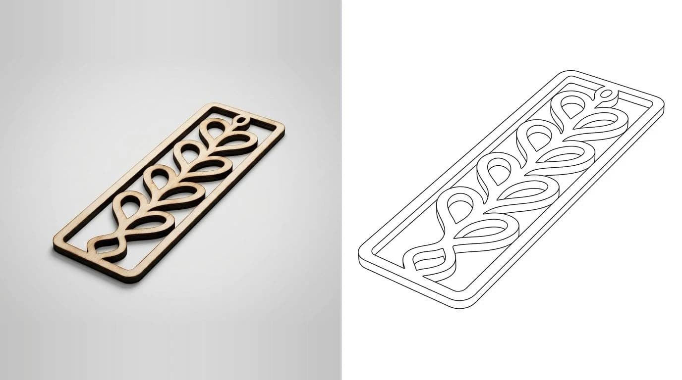 A photo of a flat laser cut plywood ornament with fine fretwork on the left and its closed cutting outline on the right