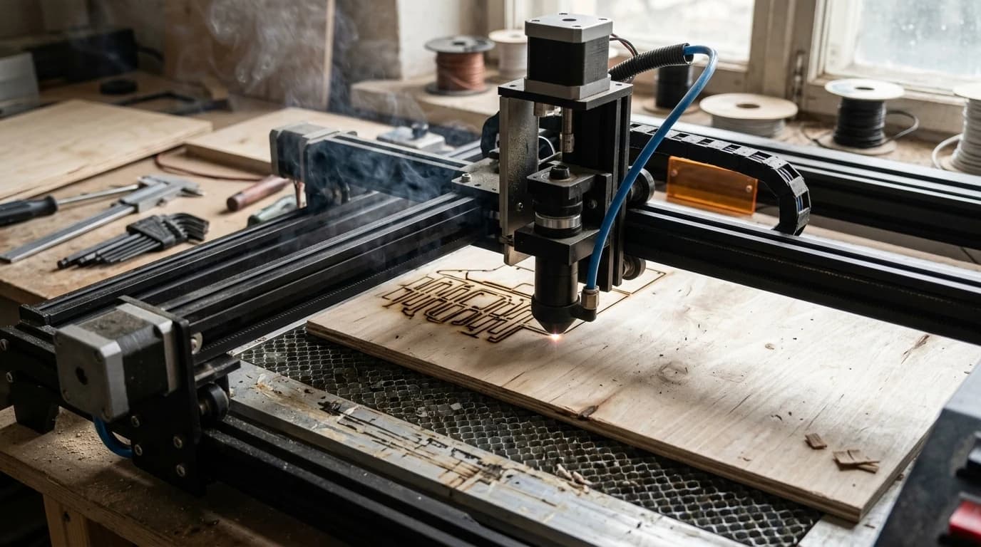 A desktop laser cutter cutting a sheet of plywood with the head mid pass