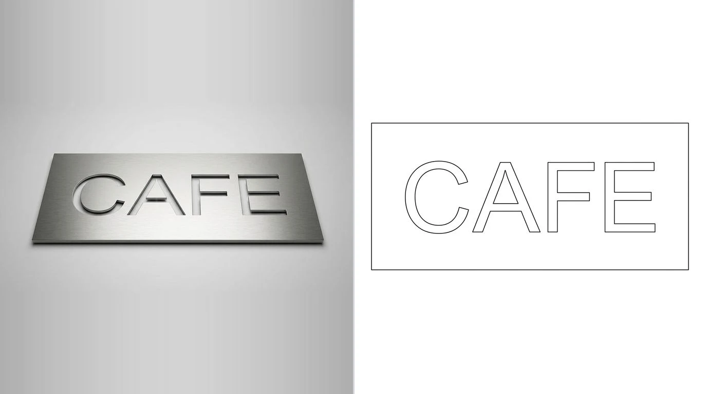 A photo of a flat cut metal sign blank with letter shaped openings on the left and its closed cutting outline on the right