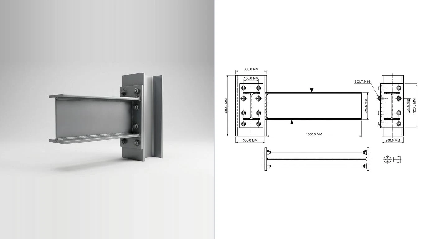 A photo of a welded steel beam to column connection with a bolted end plate on the left and its dimensioned technical drawing on the right