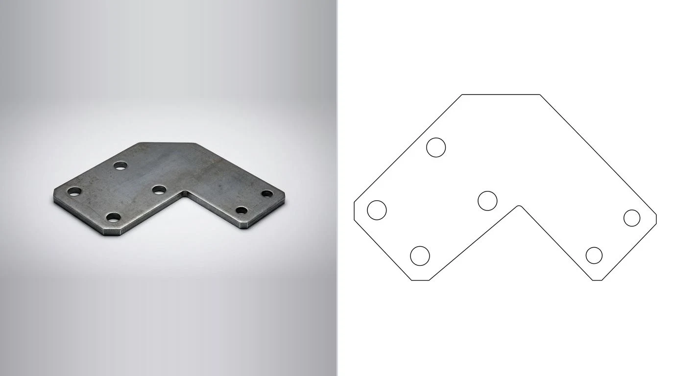 A photo of a flat cut steel gusset plate with bolt holes on the left and its closed cutting outline on the right