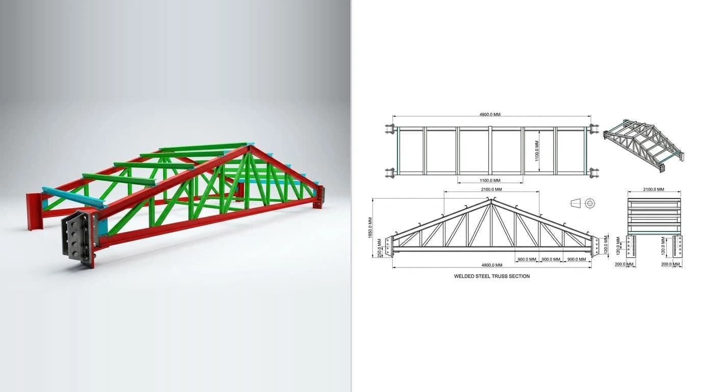 A photo of a welded steel truss section with diagonal web members on the left and its dimensioned technical drawing on the right