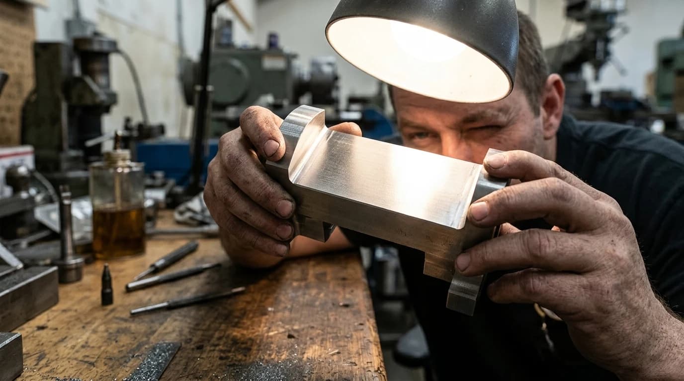 Hands holding a machined steel part up to bench light to read the reflection off its surface