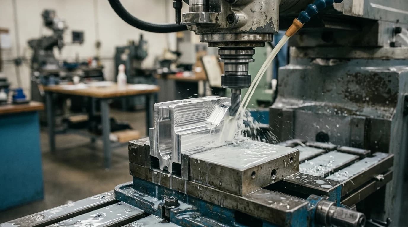 A CNC milling machine finishing an aluminium part in a vice with fine tool marks visible on the cut face