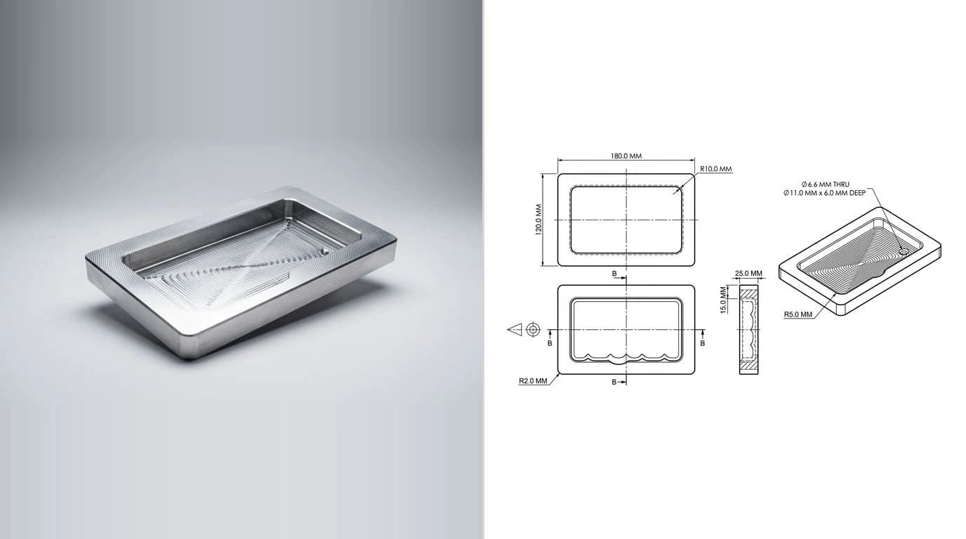 A photo of a machined aluminium plate with a milled pocket on the left and its dimensioned technical drawing on the right