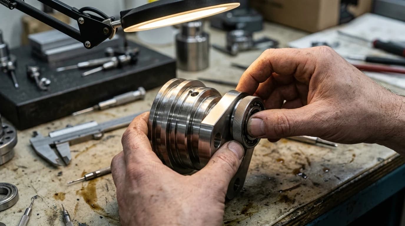 Hands turning a machined steel part under bench light to catch the reflection off its surface