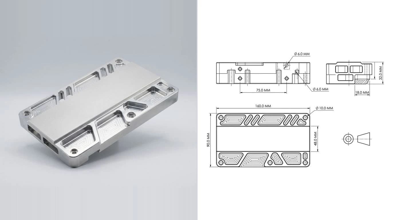 A photo of a machined aluminium plate with a milled pocket on the left and its dimensioned technical drawing on the right