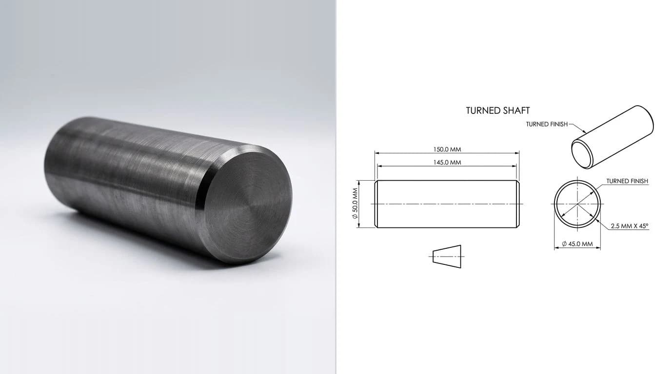 A photo of a turned steel shaft with a fine concentric machining finish on the left and its dimensioned technical drawing on the right