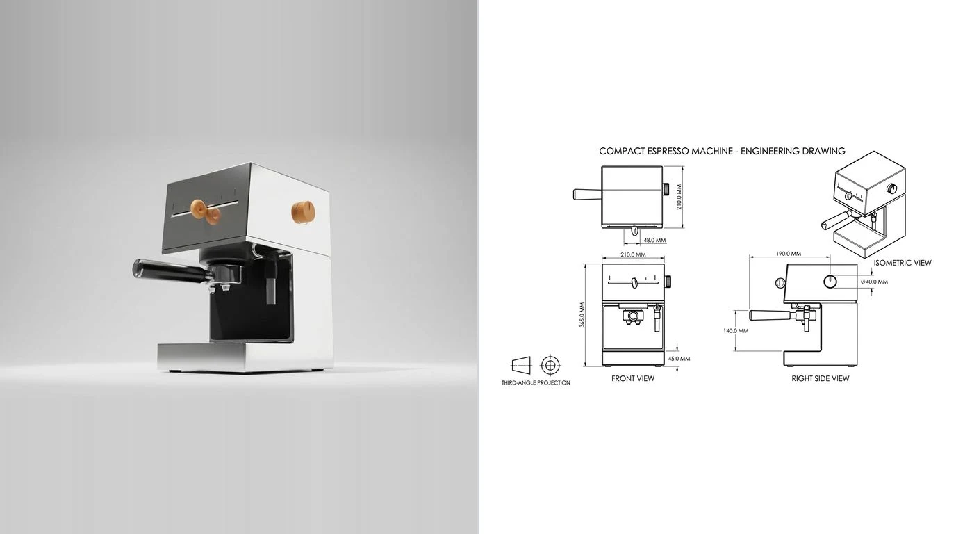 A photo of a compact home espresso machine on the left and its dimensioned technical drawing on the right