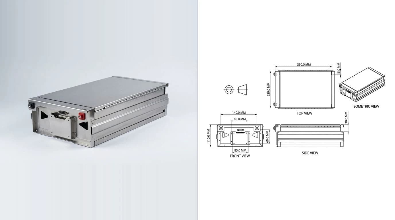 A photo of a folded sheet metal electronics enclosure with a hinged lid on the left and its dimensioned technical drawing on the right