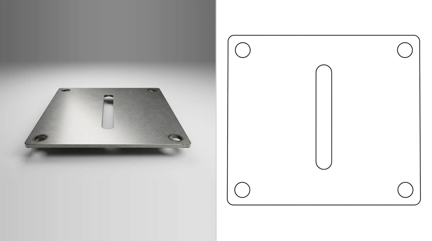 A photo of a flat laser cut steel plate with a slot on the left and its closed cutting outline on the right