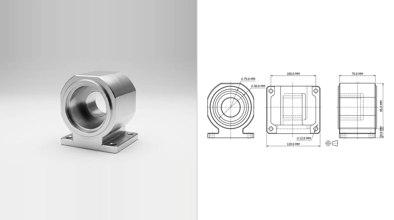 A photo of a machined aluminium pump housing on the left and its dimensioned technical drawing on the right