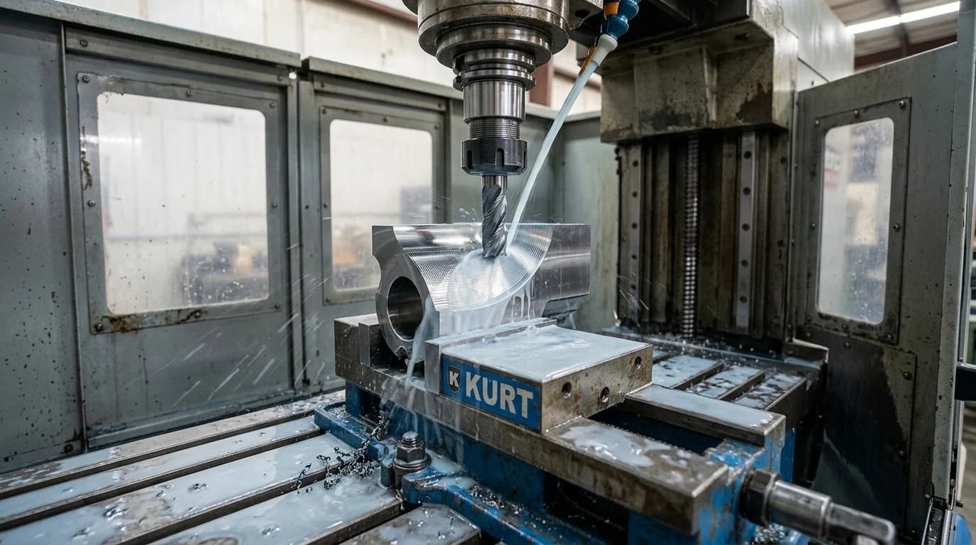 A CNC milling machine taking a finishing pass on a steel part in a vice with coolant running