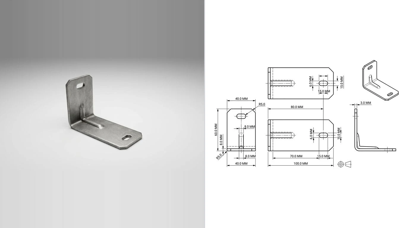 A photo of a folded steel bracket with slotted holes on the left and its dimensioned technical drawing on the right