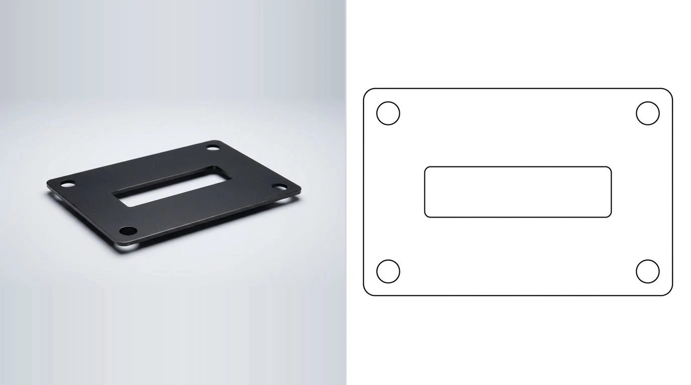 A photo of a flat laser cut steel plate with a slot and corner holes on the left and its closed cutting outline on the right