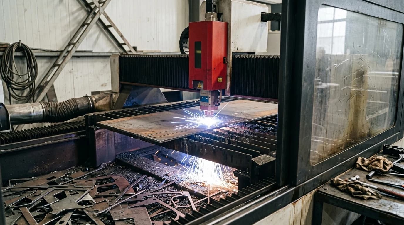 An industrial fibre laser cutting a steel sheet with bright sparks under the head