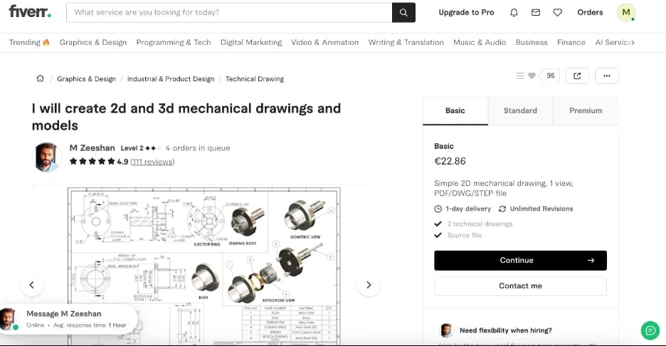 A real Fiverr gig: 'I will create 2d and 3d mechanical drawings and models' priced at €22.86 with a 1-day delivery
