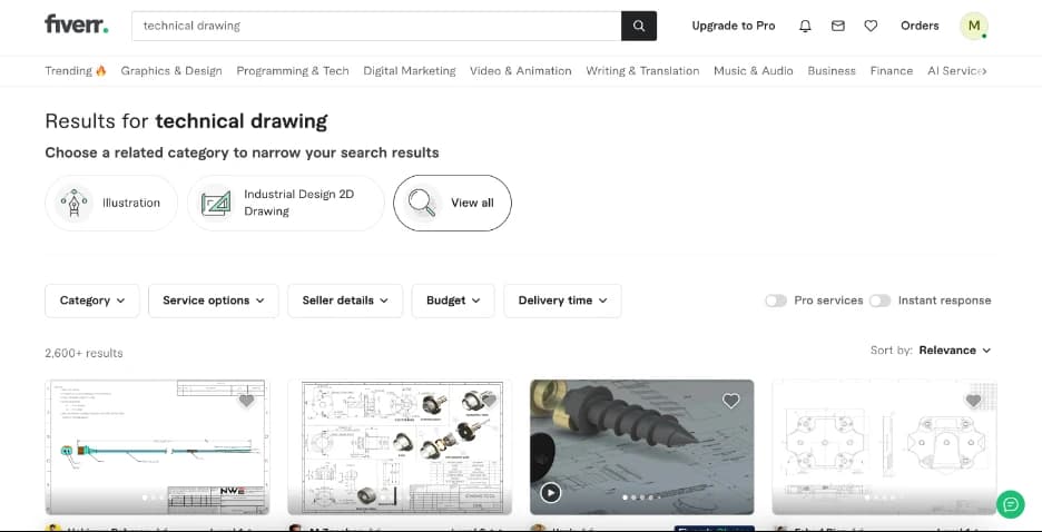 Fiverr search results for 'technical drawing' showing 2,600+ CAD and drafting gigs