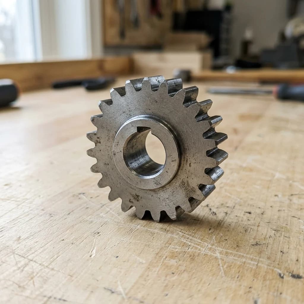 Steel spur gear photographed for a reverse-engineering CAD gig