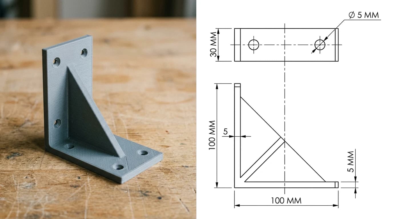 A photo of a grey 3D-printed PLA shelf bracket on a workbench on the left and, on the right, the two-view drawing generated from it: 100 by 100 mm legs, 30 mm wide, 5 mm walls, 5 mm screw holes