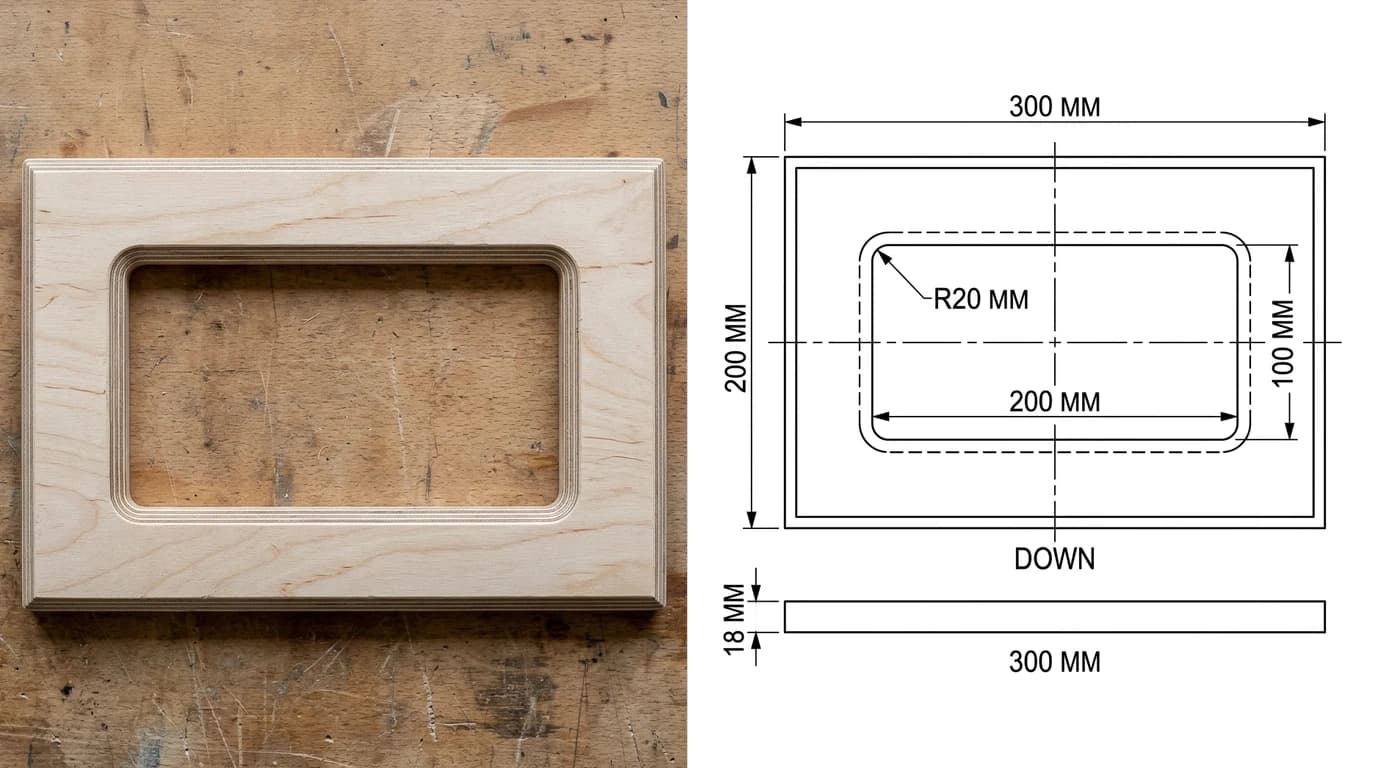 A photo of a birch plywood router template with a rectangular window on a workbench on the left and, on the right, the dimensioned plan and edge view generated from it: 300 by 200 mm, 18 mm thick, a 200 by 100 mm window with R20 corners