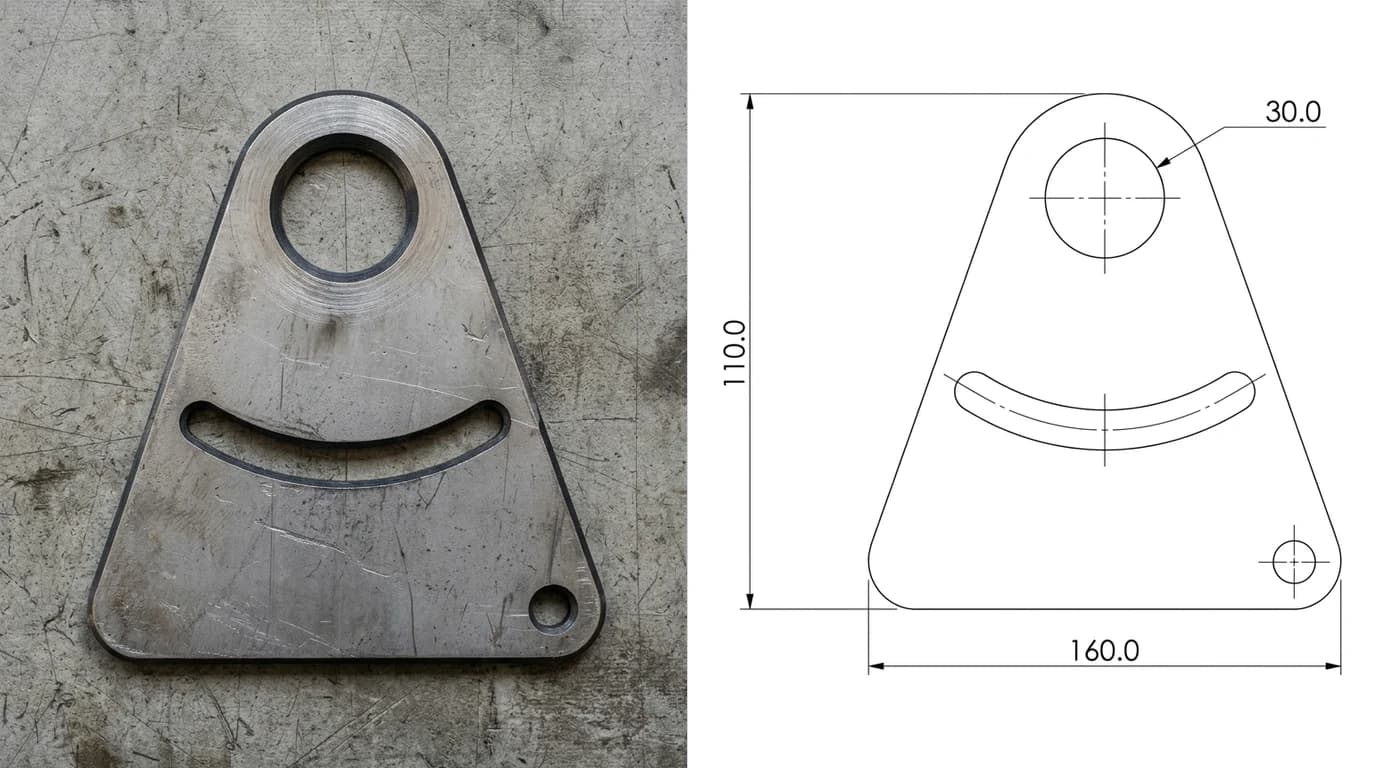 A photograph of a flat steel cam plate with a large bore and a curved slot lying on a workbench on the left, and on the right its flat two dimensional outline drawn as a single closed boundary with overall width, overall height and bore diameter marked