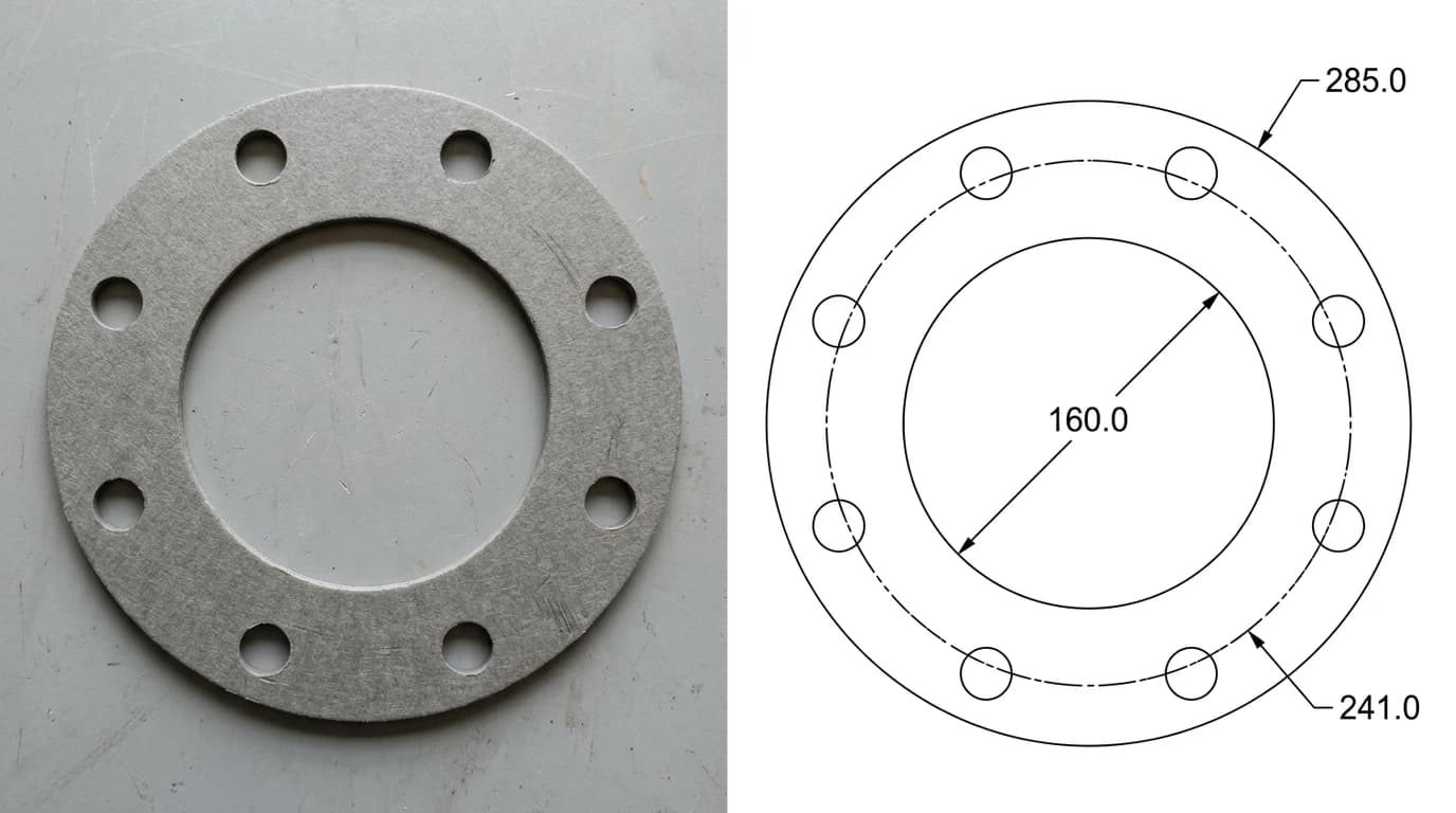 A photograph of a flat annular pipe flange gasket with a ring of bolt holes on the left, and on the right its drawing showing the outside diameter, the central bore and the bolt circle with each hole drawn as a closed circle