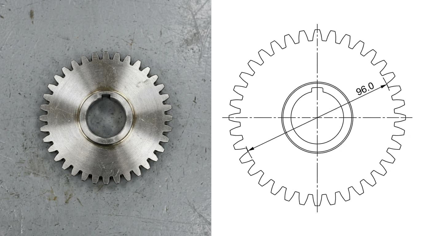 A photograph of a steel spur gear with a keyway lying on a workbench on the left, and on the right its technical drawing showing the teeth, the bore, the keyway and a single outside diameter dimension