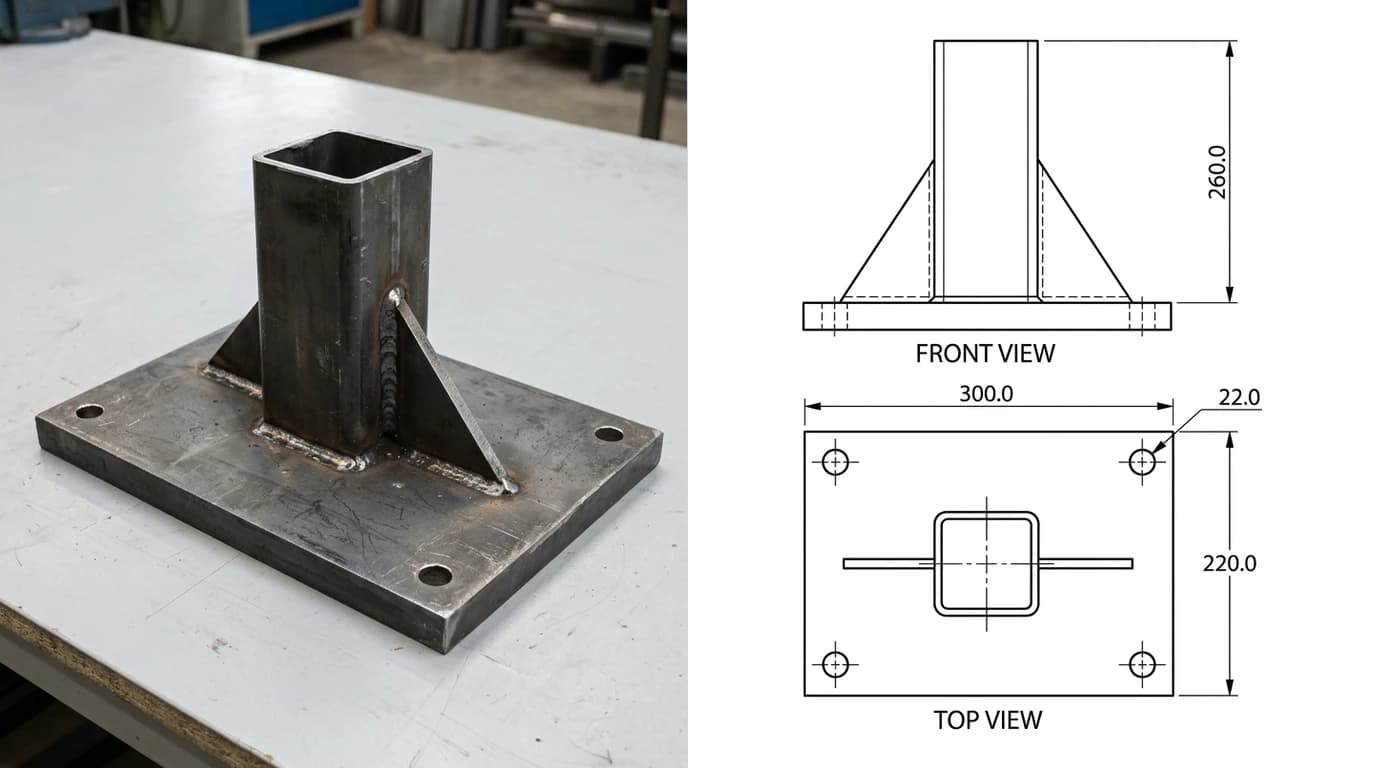 A photograph of a welded steel base plate with an upright square column and two triangular stiffeners on the left, and on the right its two view technical drawing with a front view and a top view and four dimensions