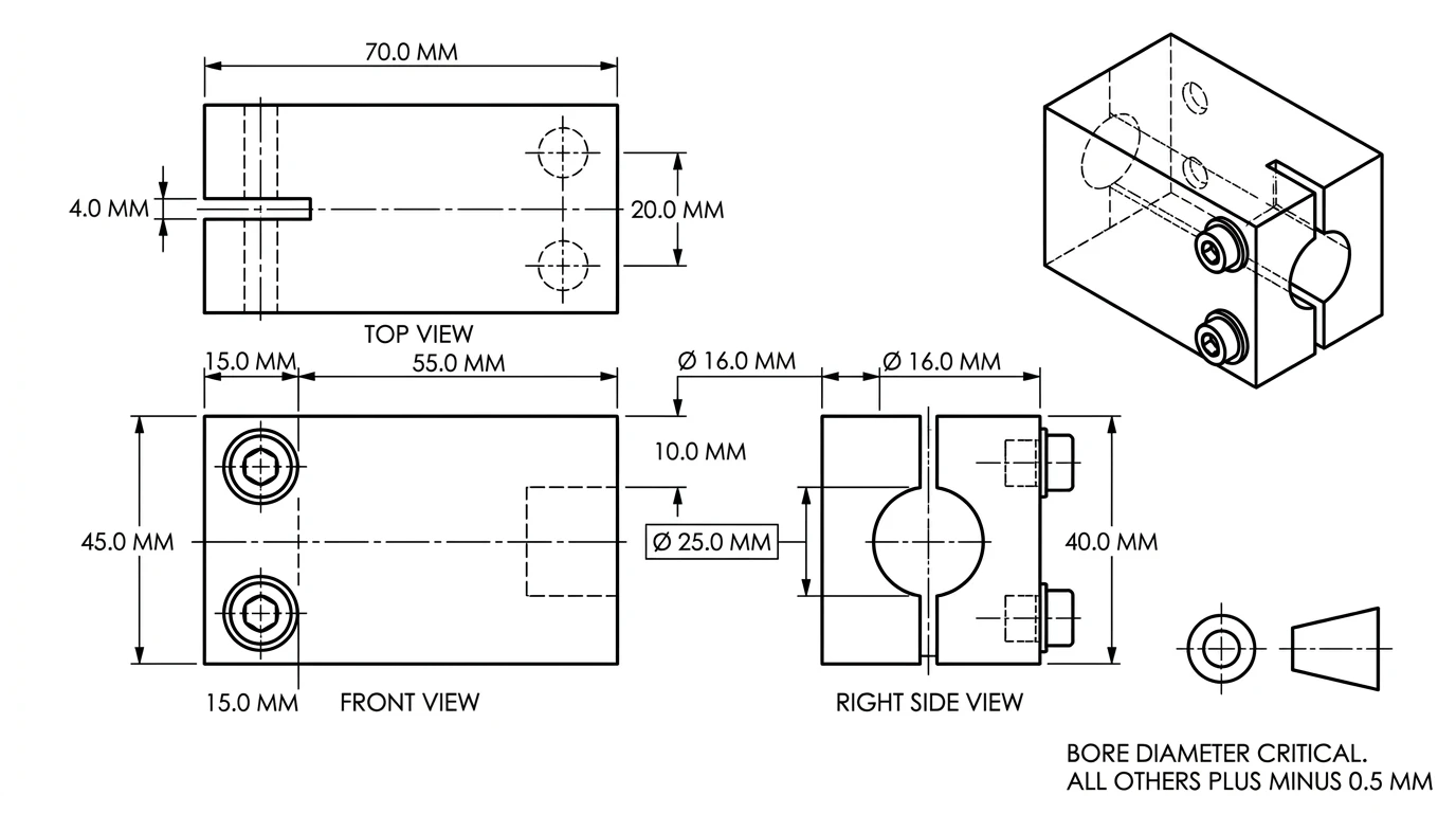 A technical drawing of a printed shaft coupler block with the bore diameter boxed as critical and a note stating that all other dimensions carry a general tolerance of plus or minus 0.5 mm