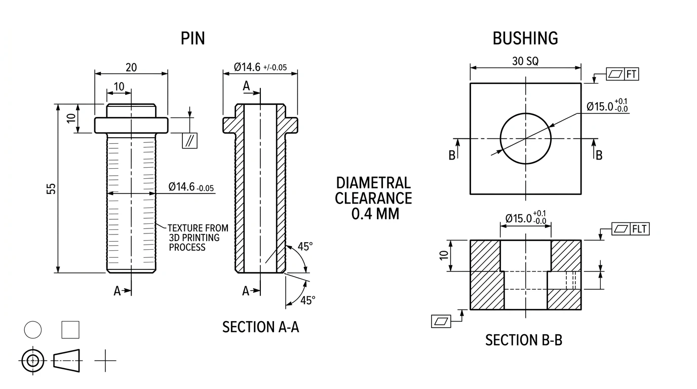 A technical drawing of a printed pin and a matching bushing, each with front and section views, the pin outside diameter and bushing bore dimensioned and a note giving the diametral clearance