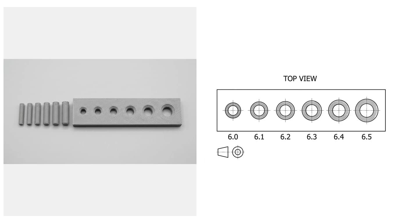 A photo of a 3D printed clearance test gauge with a row of holes of increasing diameter and matching pins, beside the dimensioned drawing generated from it