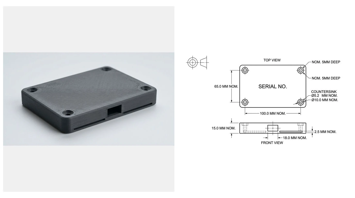 A photo of a 3D printed electronics enclosure lid with visible layer lines beside the dimensioned technical drawing generated from it