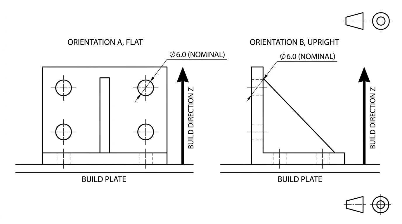 A drawing showing the same L-shaped printed bracket in two build orientations, flat and upright, each above a build plate line with a build direction arrow and one hole dimensioned